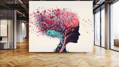 Blooming woman's head with flowers. Self-care and mental health concept. Positive thinking, creative mind. Generative AI Wall mural