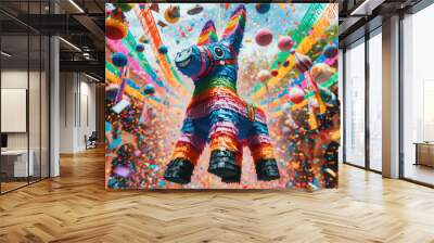 Colorful funny donkey pinata hanging against blurry background with falling confetti. Hispanic decoration for Las Posadas Wall mural