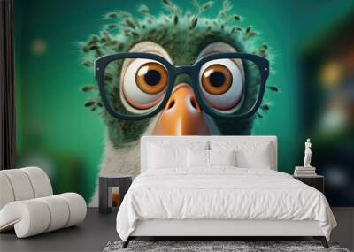 Funny colorful penguin with glasses isolated on green background. Quirky face of nerd animal with crazy hair. Playful, surprised mood.  Wall mural