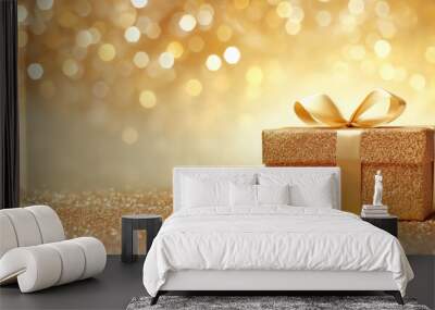 Gold Christmas present with bow against gold background with bokeh lights Wall mural