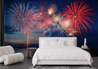 Panoramic banner with red, blue, white fireworks above water with reflection. 4th of july celebration. American holiday. Generative ai Wall mural