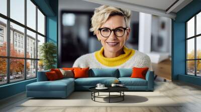 Portrait of a beautiful business woman in her 40s or 50s. The female is dressed in stylish clothes with short hair. Woman CEO, lawyer, real estate agent. Generative AI Wall mural