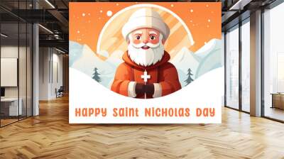 Saint Nicholas illustration. Happy St Nicholas Day. Cartoon character of old bishop celebrating on winter day Wall mural