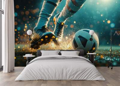 Soccer ball on grass in stadium kicked by player football game in stadium field Wall mural