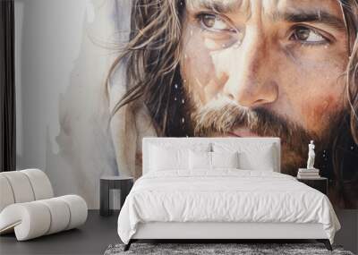 watercolour pencil illustration of close up jesus portrait. peaceful and serene mood. banner with co Wall mural