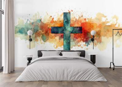 Watercolour pencil illustration of wooden cross. White background with splashes pattern behind the cross. A sense of wonder and awe. Wall mural