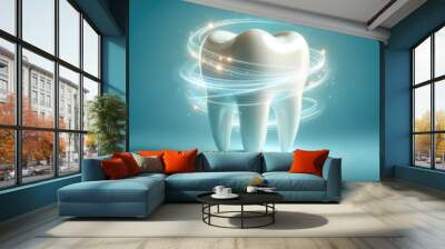 White tooth with swirling light effects creating an aura of cleanliness and health, set against a blue background Wall mural