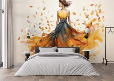 Young woman wearing a long evening dress made autumn leaves. Watercolor illustration of fashion and clothes. Autumn, fall concept. Wall mural