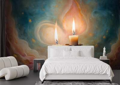 Drawing of two candles inside candlesticks Wall mural