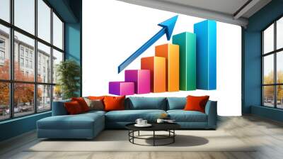 Minimalist 3D data analysis icon showcasing soaring finances and strengthening currency with a bar graph and arrow. Transparent background ideal for business and finance presentations. Wall mural