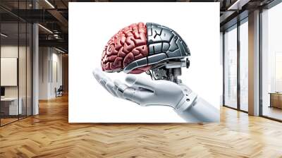 Robot's hand holding a brain isolated on transparent background. Perfect for AI themes, futuristic designs, and technological visuals.  Wall mural