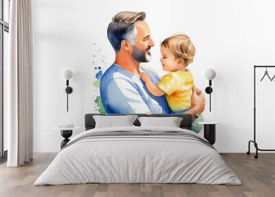 Vibrant watercolor drawing portraying the love of a father, isolated on a transparent or white background. Wall mural