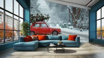  red retro car carries a large fir tree on its roof. snowing. Christmas cheer, Holiday travel, Winter wonderland, Nostalgia, Homecoming, Family tradition, New Year's celebration Wall mural