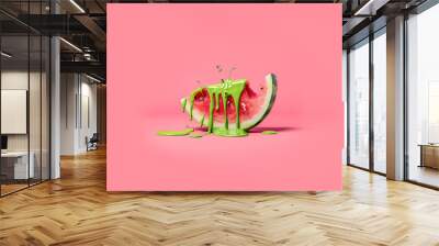 A watermelon slice dripping with green paint on a pink background,  minimal summer concept  in the style of pop art Wall mural