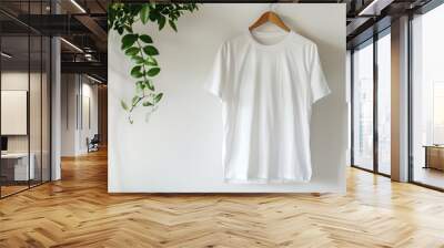 A white tshirt hanging on a wooden hanger over a white wall background with a plant, a mockup template for design presentation  in a minimalist style.
 Wall mural