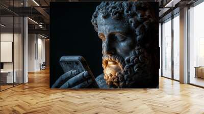 Beautiful ancient Greek god sculpture using a modern phone. with phone screen light on his face, pop art style. black background copy space Wall mural