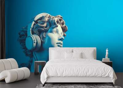 beautiful ancient Greek godess sculpture using a modern headphones. pop art style. blue background Wall mural