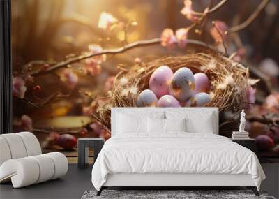 beautiful easter background with colored eggs in a nest. volumetric light, copy space. holiday light Wall mural