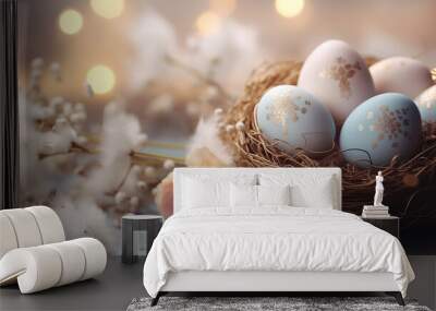 beautiful easter background with colored eggs in a nest. volumetric light, copy space. holiday light Wall mural