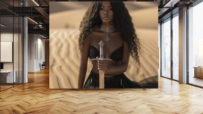 
black woman with black long hair in fantasy black dress, silver sword and silver necklace on her neck, posing in desert dunes, warrior, Amazon, assassin in dreamy, cinematic atmosphere, fairy tale Wall mural