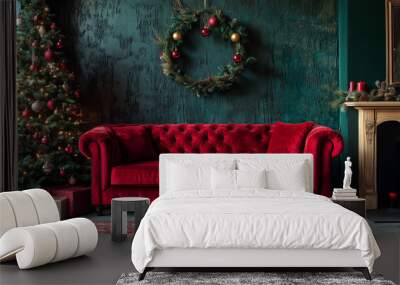 
Christmas living room, vintage style with red velvet sofa and decorated christmas tree in background, warm lighting and shabby chic decoration elements including fireplace, dark green wall  Wall mural