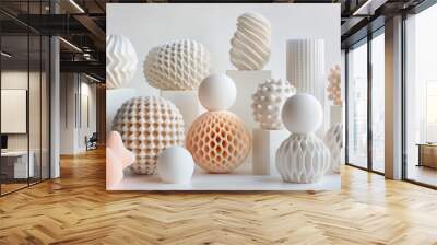 collection of pastel natural colors 3D printed shapes on a white background, including geometric objects with various textures like smooth or textured surfaces Wall mural