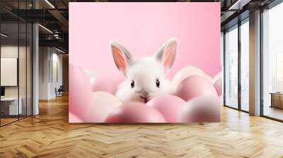 creative easter greeting card with copy space -  cute spring bunny with eggs on pastel pink background Wall mural