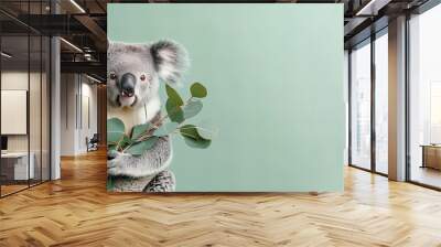 cute koala holds out an eucalyptus isolated on light pastel green background with copy space Wall mural