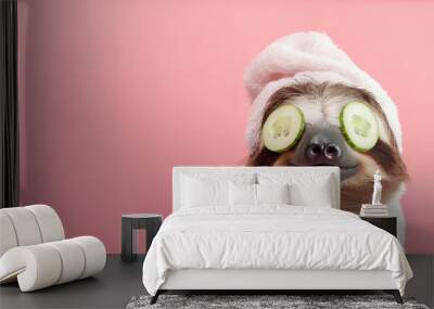 cute sloth wearing white towel and cucumber on eyes doing spa treatment, pink background with copy space , banner for beauty salon concept, pet fashion design studio,wellness, relaxation and self-care Wall mural