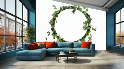 Empty white summer and spring nature background with fresh green leaves and circle frame for copy space or text creative advertising. isolated Wall mural