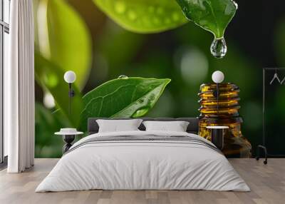 Essential oil, serum or water dropping from fresh green plant leaf to the cosmetic bottle or jar . close up Wall mural