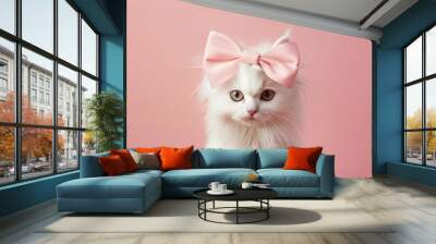 fluffy white cat with a large pastel pink bow on its head against a solid light pink background, lady pet, cute pet care, grooming salon concept Wall mural