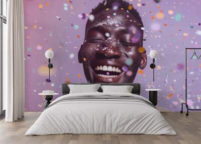 happy black man with short hair, confetti flying around , against a lilac background, glitter, lgbt, gay, pride month,LGBTQ+ celebration, diversity and acceptance, festive portrait Wall mural