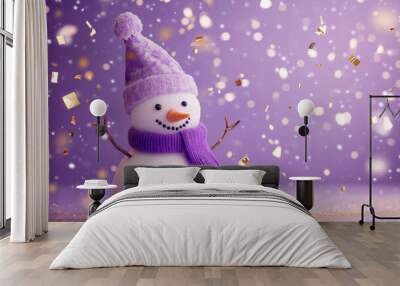 happy traditional christmas or new year snowman with a pastel purple scarf and pastel purple hat decorated with golden blurred confetti flying around, isolated on a pastel purple  Wall mural