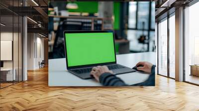 
Laptop with green screen mockup on office desk, a person working in the background. Wall mural