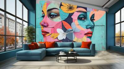 mural street art graffiti on the wall. Abstract pastel color woman faces with flowers . Wall mural