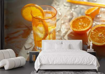 orange sparkling water in a glass with ice and orange slices on a sunlit table top,  ripples and light reflections.  Wall mural