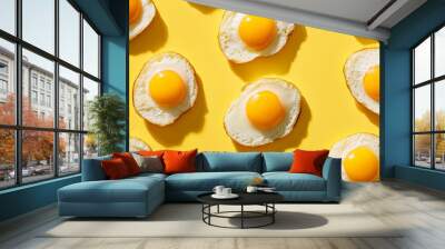 pattern of fried eggs on a yellow background Wall mural