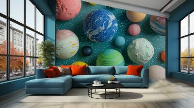 
photo of planets made from colorful bathtub balls, with a space background Wall mural