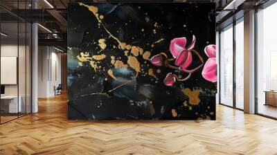 pink orchid acrylic painting with golden paint elements on black background.  poster on the wall in modern minimalist  living room interior Wall mural