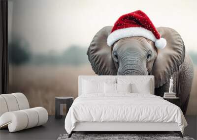 Portrait of an elephant wearing a Santa hat on a savanna background. Christmas animal concept. New Year and Christmas card template with copy space. Wall mural