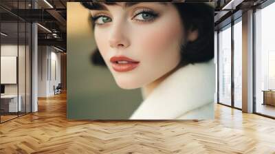 retro-style fashion photo of an attractive woman with short dark hair, wearing a white coat and hat, a vintage makeup look, in an outdoor setting, a close-up shot, with detailed facial features Wall mural