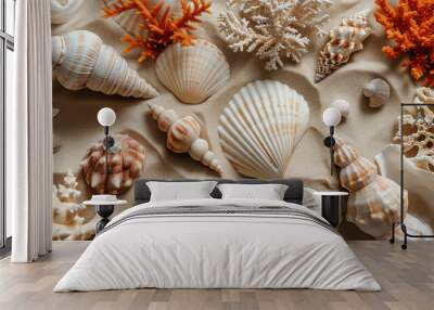 set of varied seashells and corals on a sand background Wall mural