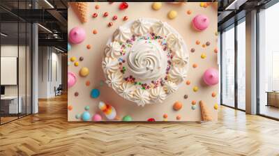 top view pattern of a birthday party table with a cake, meringue cookies and ice cream cones, surrounded candy in bright pastel colors on a beige background Wall mural