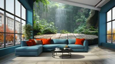 empty brown wooden podium on evergreen rain forest background with large waterfalls behind. Natural water product present placement pedestal counter display, spring summer jungle paradise concept. Wall mural