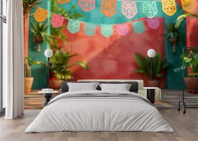 Empty white podium on wooden floor with mexican cinco de mayo festival background for product display presentation Wall mural