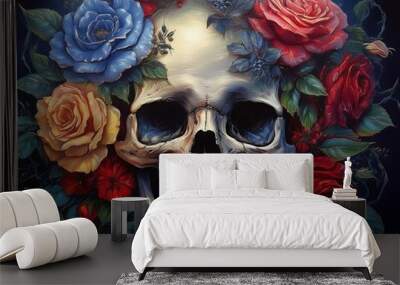 A detailed skull surrounded by vibrant roses in a colorful and artistic composition showcasing the interplay of life and death Wall mural