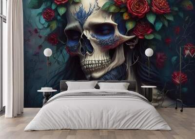 A detailed skull surrounded by vibrant roses in a colorful and artistic composition showcasing the interplay of life and death Wall mural