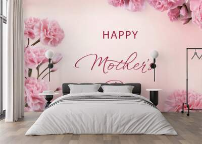  Pink carnation flowers on pastel background with Happy Mother's day greeting. Wall mural