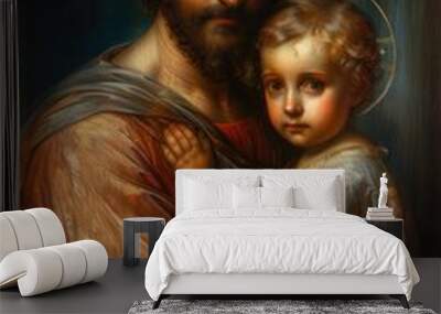  Tenderness of saint Joseph, a touching portrayal of the paternal love and guidance shared between st. Joseph and boy Jesus Christ, capturing a timeless bond of faith and devotion in sacred art Wall mural